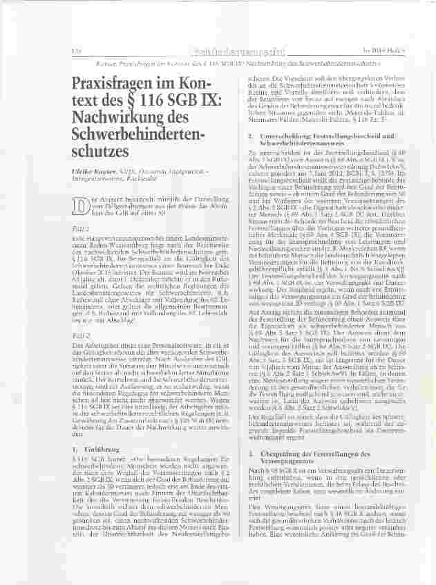 Vorschauseite 1: Praxisfragen im Kontext des Q 116 SGB IX: Nachwirkung des Schwerbehindertenschutzes