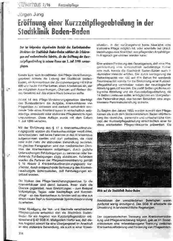 Vorschauseite 1: Eröffnung einer Kurzzeitpflegeabteilung in der Stadtklinik Baden-Baden