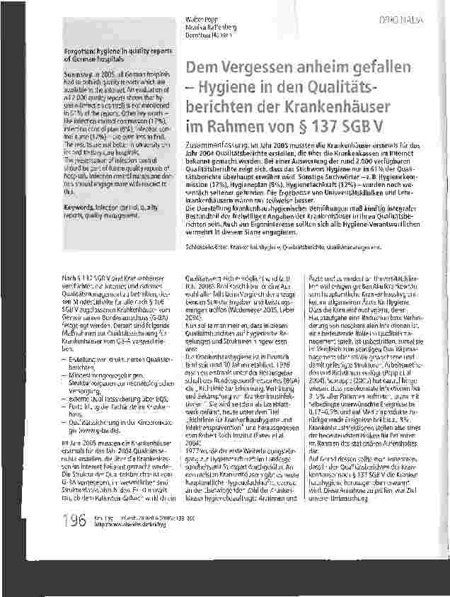 Vorschauseite 1: Dem Vergessen anheim gefallen - Hygiene in den Qualitätsberichten der Krankenhäuser im Rahmen von § 137 SGBV