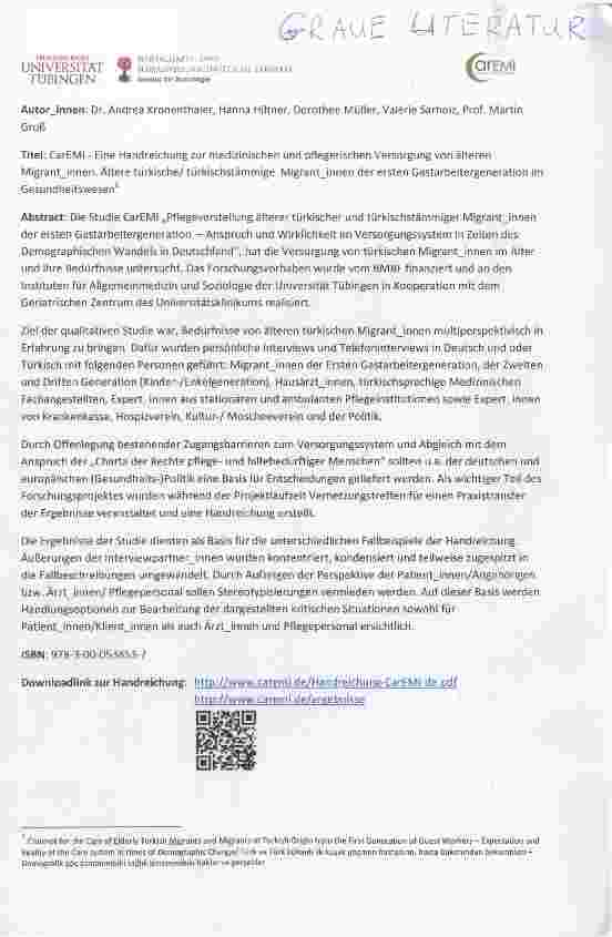 Vorschauseite 1: CarEMi Eine Handreichung zur medizinischen und pflegerischen Versorgung von älteren Migrantjnnen. Ältere türkische/ türkischstämmige Migrantjnnen der ersten Gastarbeitergeneration…