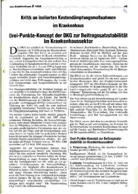 Vorschauseite 1: Drei-Punkte-Konzept der DKG zur Beitragsstabilität im Krankenhaussektor Kritik an isolierten Kostendämpfungsmaßnahmen im Krankenhaus