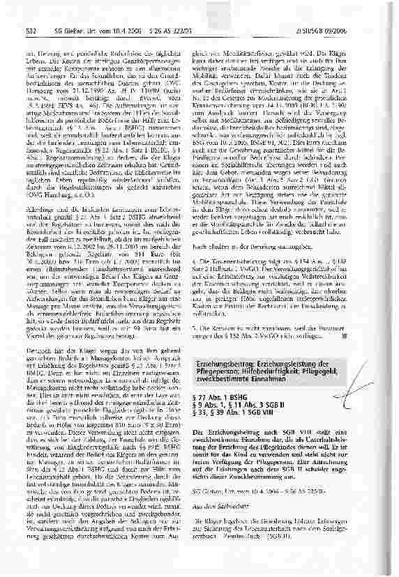 Vorschauseite 1: Erziehungsbeitrag; Erziehungsleistung der Pflegeperson; Hilfebedürftigkeit; Pflegegeld; zweckbestimmte Einnahmen