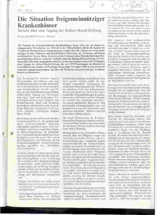 Vorschauseite 1: Die Situation freigemeinnütziger Krankenhäuser Bericht über eine Tagung der Robert-Bosch-Stiftung