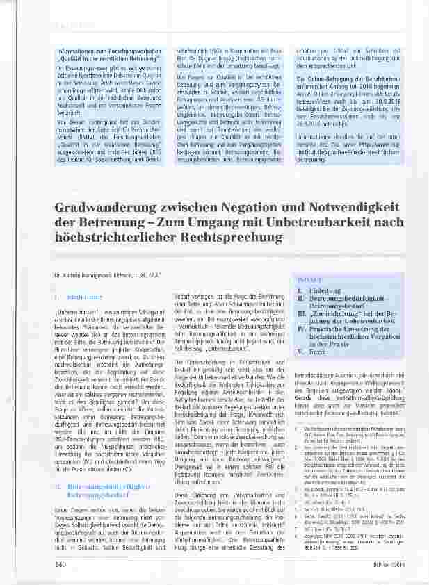 Vorschauseite 1: Gradwanderung zwischen Negation und Notwendigkeit der Betreuung Zum Umgang mit Unbetreubarkeit nach höchstrichterlicher Rechtsprechung