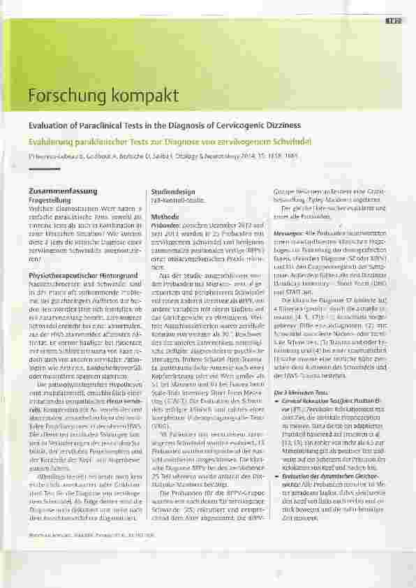 Vorschauseite 1: Evaluierung paraklinischer Tests zur Diagnose von zervikogenem Schwindel