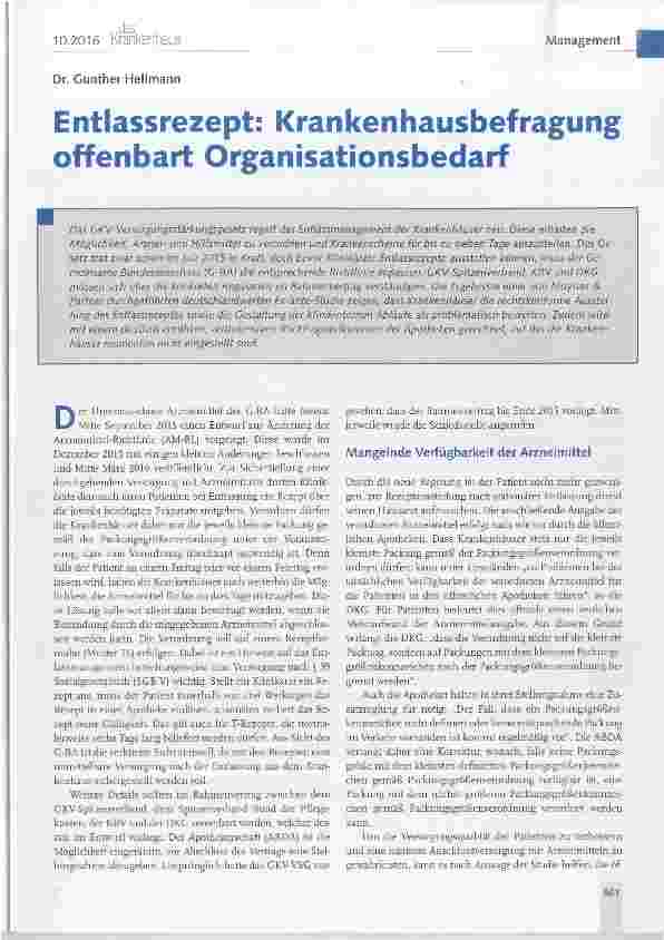 Vorschauseite 1: Entlassrezept: Krankenhausbefragung offenbart Organisationsbedarf