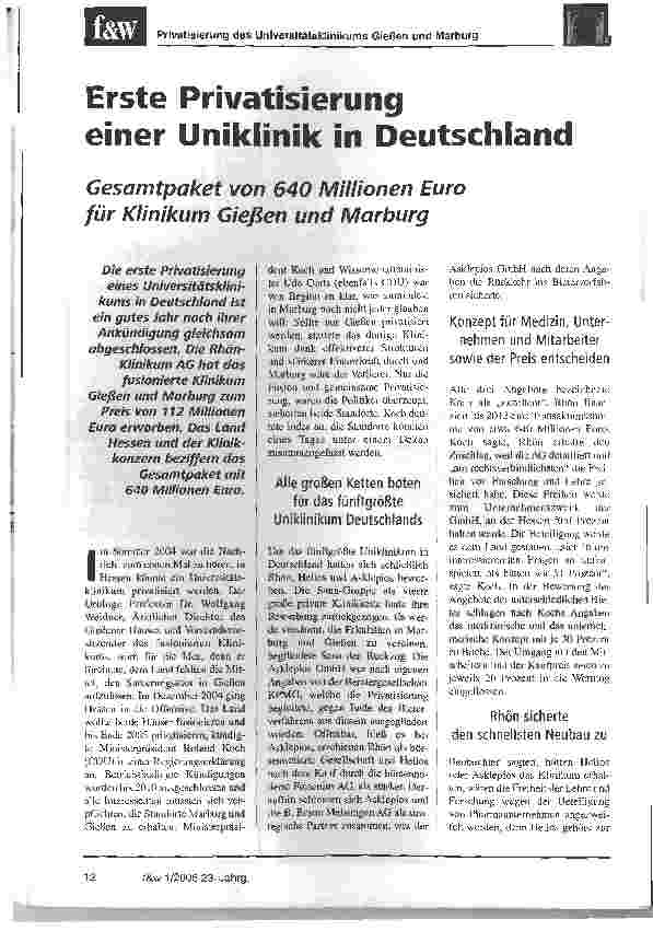 Vorschauseite 1: Erste Privatisierung einer Uniklinik in DeutschlandGesamtpaket von 640 Millionen Euro für Klinikum Gießen und Marburg