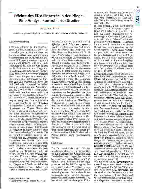 Vorschauseite 1: Effekte des EDV-Einsatzes in der Pflege - Eine Analyse kontrollierter Studien