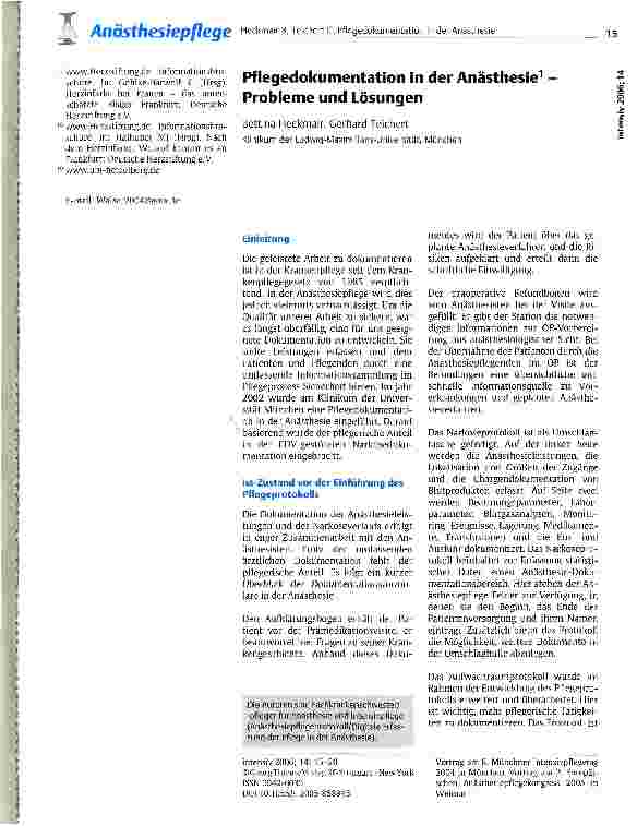 Vorschauseite 1: Pflegedokumentation in der Anästhesie Probleme und Lösungen