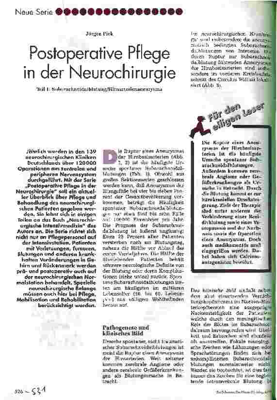 Vorschauseite 1: Postoperative Pflege in der Neurochirurgie Teil 1: Subarachnoidalblutung/Hirnarterienaneurysma