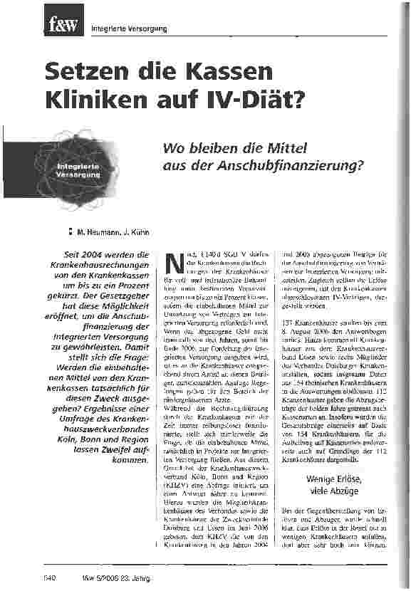 Vorschauseite 1: Setzen die Kassen Kliniken auf IV-Diät? - Wo bleiben die Mittel aus der Anschubfinanzierung?
