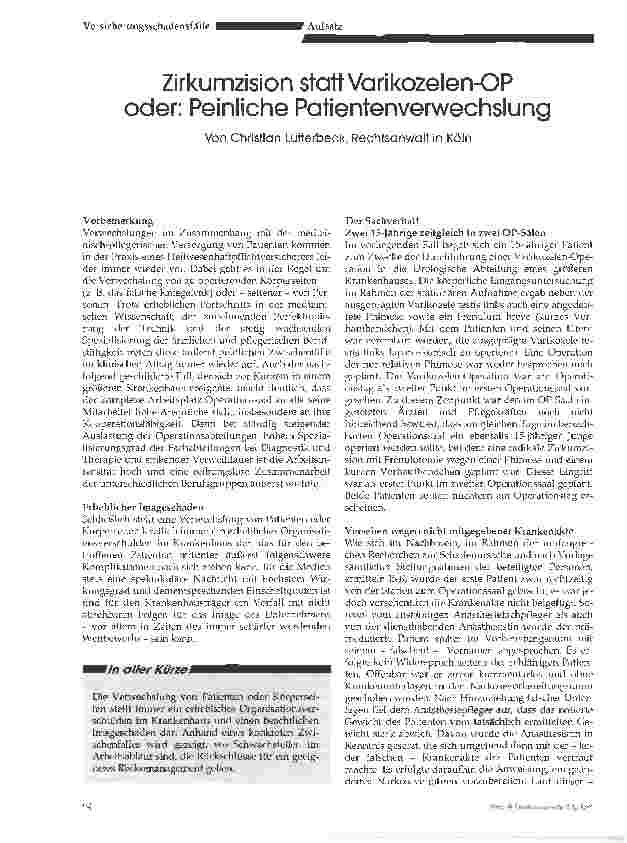Vorschauseite 1: Zirkumzision statt Varikozelen-OP oder: Peinliche Patientenverwechslung
