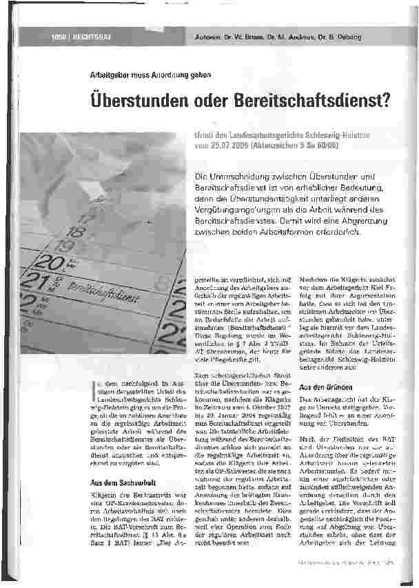 Vorschauseite 1: Arbeitgeber muss Anordnung geben - Überstunden oder Bereitschaftsdienst?