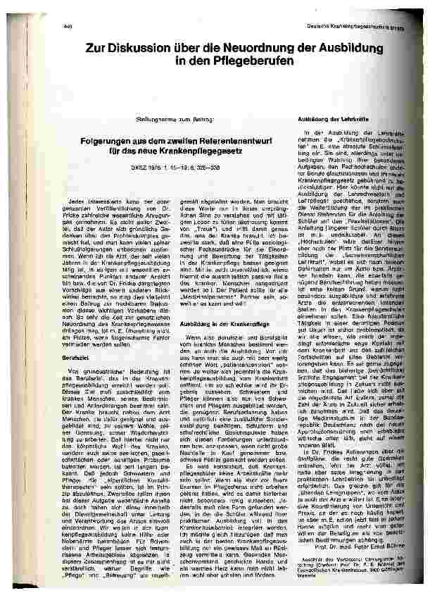 Vorschauseite 1: Folgerungen aus dem zweiten Referentenentwurf für das neue Krankenpflegegesetz DKSZ 1976, 1, 15-19; 6, 328-330