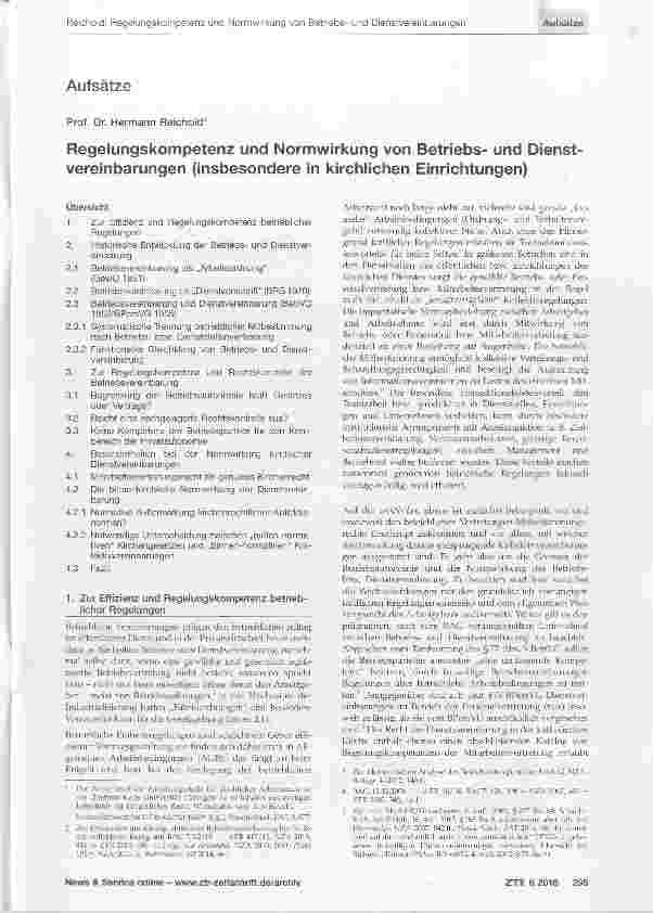 Vorschauseite 1: Regelungskompetenz und Normwirkung von Betriebsund Dienstvereinbarungen (insbesondere in kirchlichen Einrichtungen)