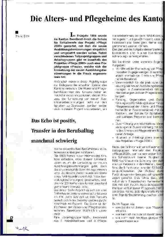 Vorschauseite 1: Die Altersund Pflegeheime des Kantons Baselland im Projekt Pflege 2000