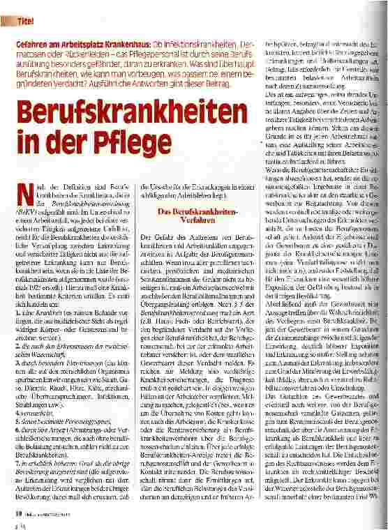 Vorschauseite 1: Berufskrankheiten in der Pflege Gefahren am Arbeitsplatz Krankenhaus
