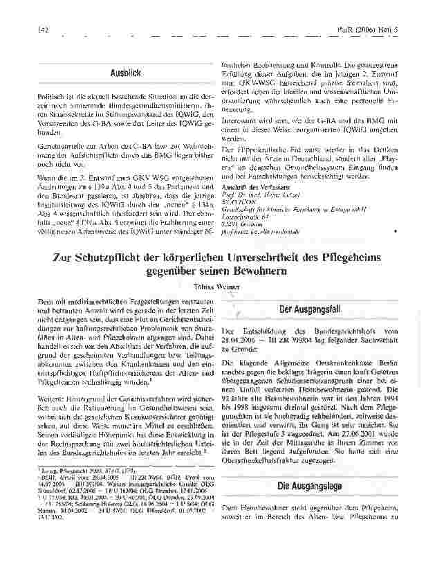 Vorschauseite 1: Zur Schutzpflicht der körperlichen Unversehrtheit des Pflegeheims gegenüber seinen Bewohnern