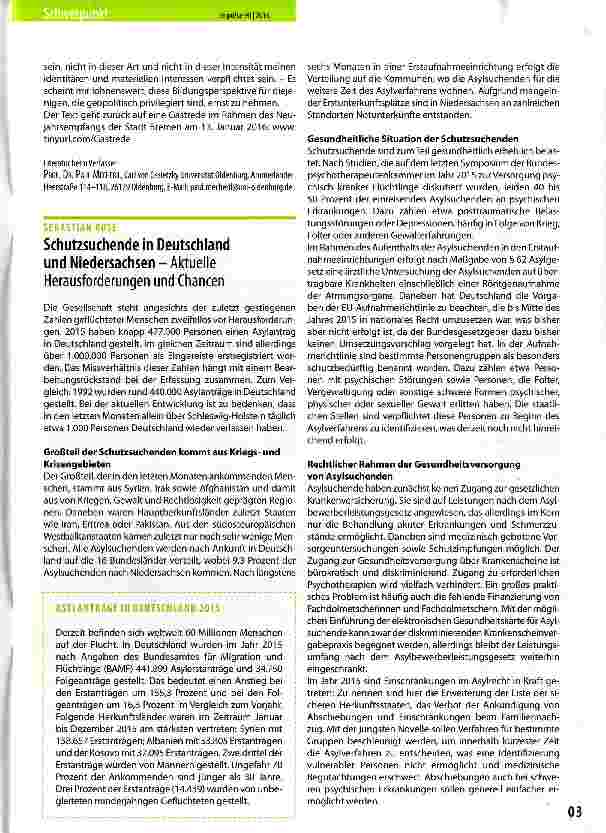 Vorschauseite 1: Schufzsuchende in Deutschland und Niedersachsen Aktuelle Herausforderungen und Chancen