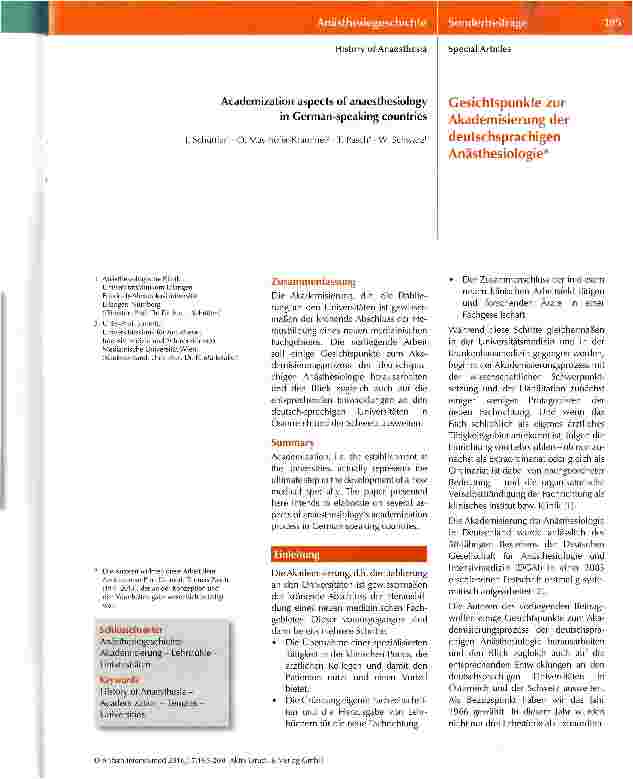 Vorschauseite 1: Gesichtspunkte zur Akademisierung der deutschsprachigen Anästhesiologie