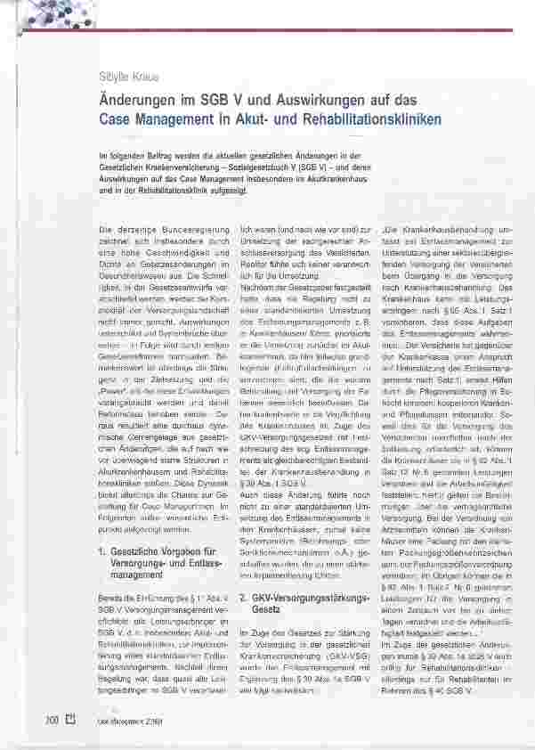 Vorschauseite 1: Änderungen im SGB V und Auswirkungen auf das Case Management in Akutund Rehabilitationskliniken
