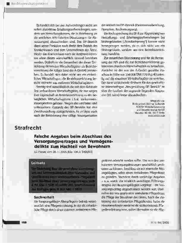 Vorschauseite 1: Falsche Angaben beim Abschluss des Versorgungsvertrages und Vermögensdelikte zum Nachteil von Bewohnern
