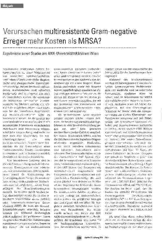 Vorschauseite 1: Verursachen multiresistente Gramnegative Erreger mehr Kosten als MRSA?Ergebnisse einer Studie am AKH-Universitätsklinikum Wien
