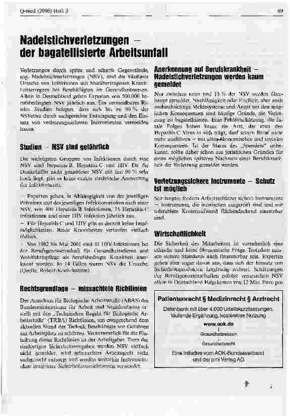 Vorschauseite 1: Nadelstichverletzungen -der bagatellisierte Arbeitsunfall