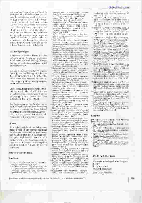 Vorschauseite 5: Verletzungen und Schäden im Fußball Wie hoch ist die Evidenz?