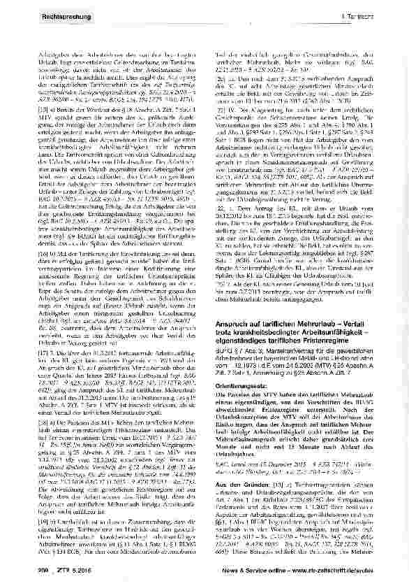 Vorschauseite 2: Anspruch auf tariflichen Mehrurlaub - Verfall trotz krankheitsbedingter Arbeitsunfähigkeit des Arbeitnehmers