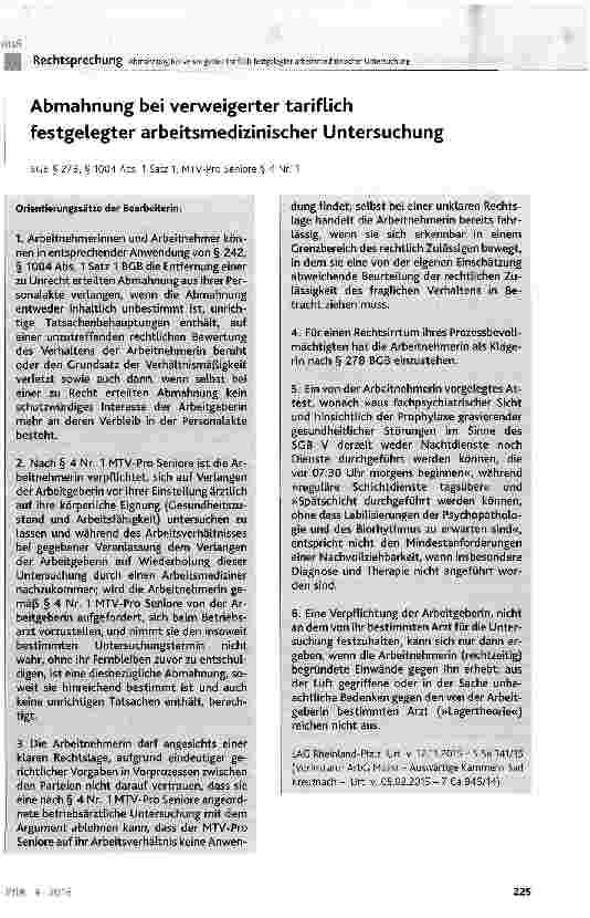 Vorschauseite 1: Abmahnung bei verweigerter tariflich festgelegter arbeitsmedizinischer Untersuchung