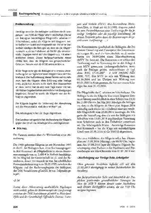 Vorschauseite 2: Abmahnung bei verweigerter tariflich festgelegter arbeitsmedizinischer Untersuchung