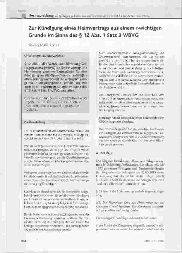 Vorschauseite 1: Zur Kündigung eines Heimvertrags aus einem »wichtigen Grund« im Sinne des § 12 Abs. 1 Satz 3 WBVC
