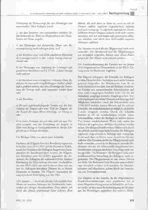 Vorschauseite 2: Zur Kündigung eines Heimvertrags aus einem »wichtigen Grund« im Sinne des § 12 Abs. 1 Satz 3 WBVC