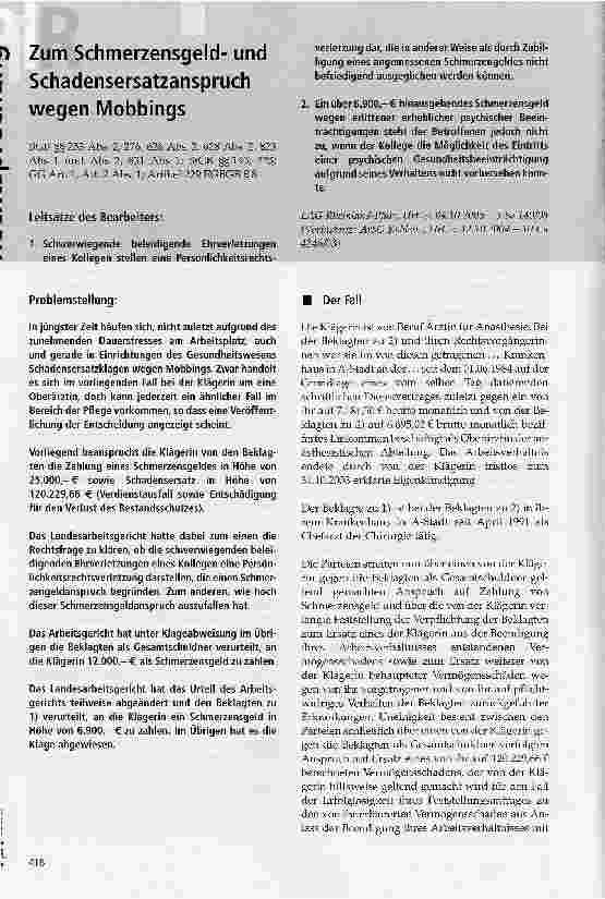 Vorschauseite 1: Zum Schmerzensgeldund Schadensersatzanspruch wegen Mobbings