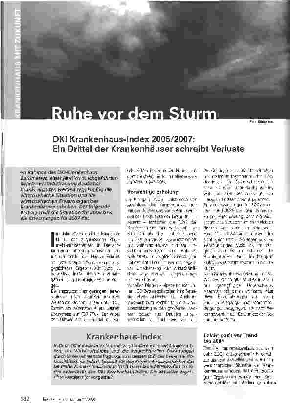 Vorschauseite 1: Ruhe vor dem Sturm - DKI Krankenhaus-Index 2006/2007:Ein Drittel der Krankenhäuser schreibt Verluste