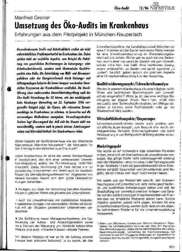 Vorschauseite 1: Umsetzung des Öko-Audits im Krankenhaus Erfahrungen aus dem Pilotprojekt in München-Neuperlach