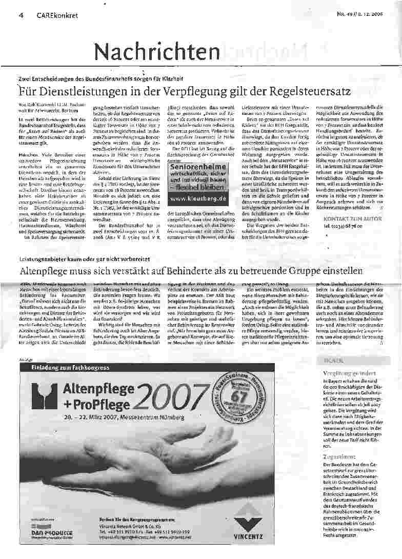 Vorschauseite 1: Dienstleistungen in der Verpflegung gilt der Regelsteuersatz