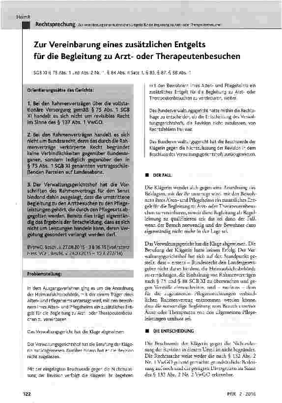 Vorschauseite 1: Zur Vereinbarung eines zusätzlichen Entgelts für die Begleitung zu Arztoder Therapeutenbesuchen SGB XI § 75 Abs. 1 und Abs. 2 Nr. 1, § 84 Abs. 4 Satz 1, § 85, § 87, § 88 Abs. 1