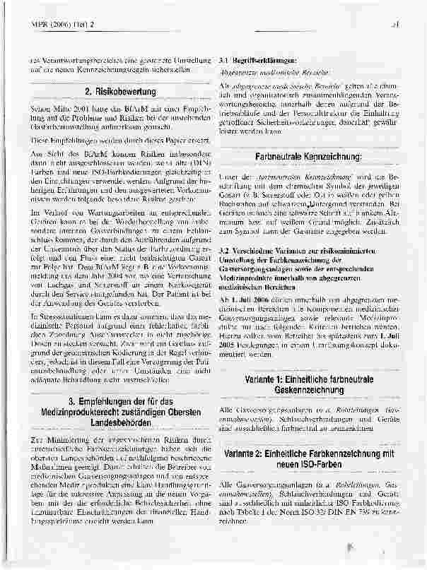 Vorschauseite 2: Die für das Medizinprodukterecht zuständigen Obersten Landesbehörden informieren zur Umstellung der Medizintechnik auf neue Gaskennfarben
