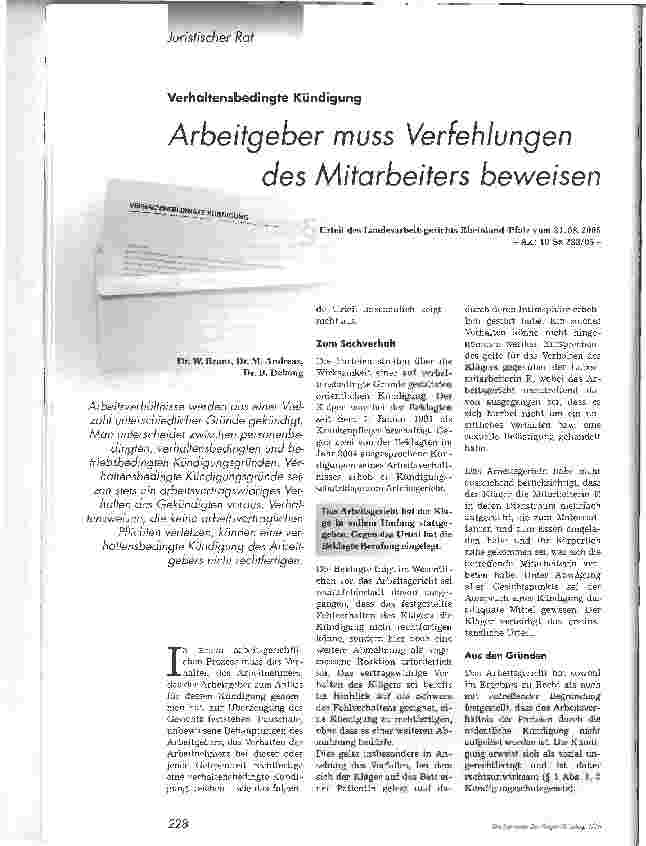 Vorschauseite 1: Arbeitgeber muss Verfehlungen des Mitarbeiters beweisenVerhaltensbedingte Kündigung