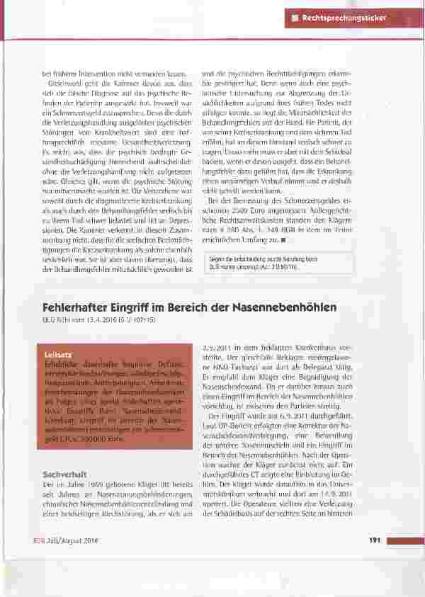 Vorschauseite 1: Fehlerhafter Eingriff im Bereich der Nasennebenhöhlen