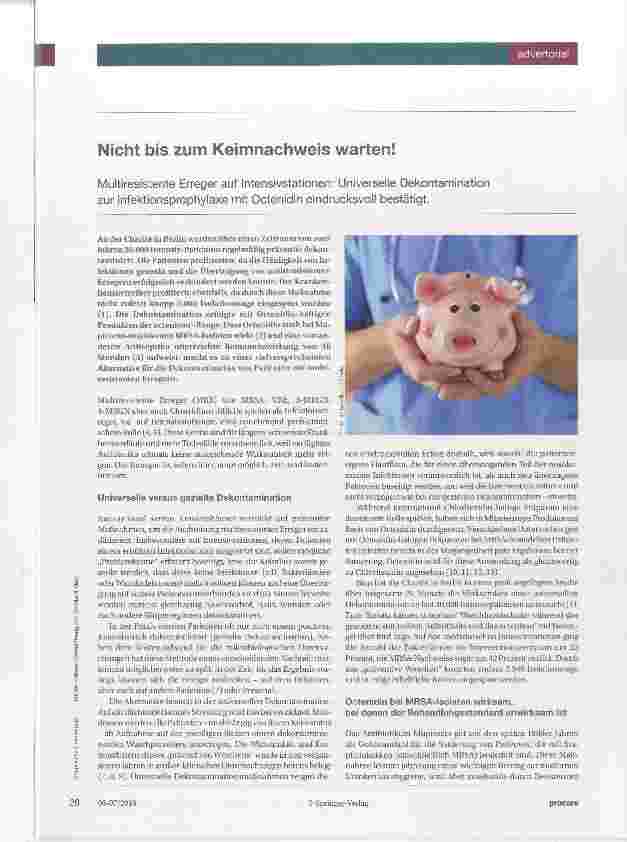 Vorschauseite 1: Nicht bis zum Keimnachweis warten! Multiresistente Erreger auf Intensivstationen: Universelle Dekontamination zur Infektionsprophylaxe mit Octenidin eindrucksvoll bestätigt.