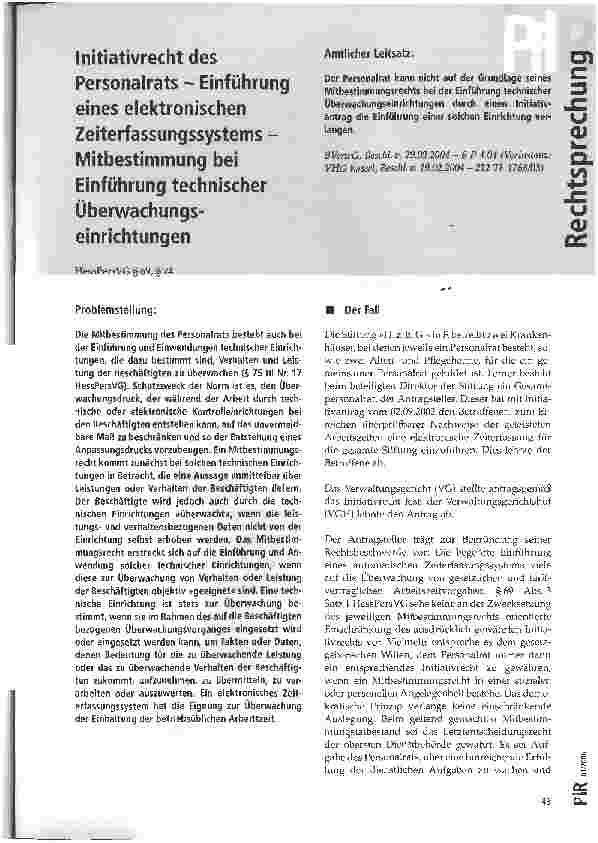 Vorschauseite 1: Initiativrecht des Personalrats - Einführung eines elektronischen Zeiterfassungssystems - Mitbestimmung bei Einführung technischer Überwachungseinrichtungen