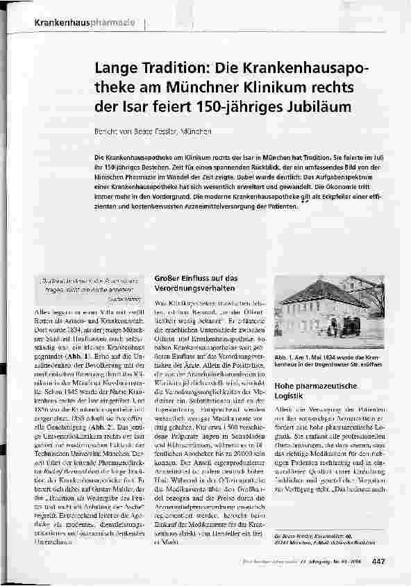 Vorschauseite 1: Lange Tradition: Die Krankenhausapotheke am Münchner Klinikum rechts der Isar feiert 150-jähriges Jubiläum