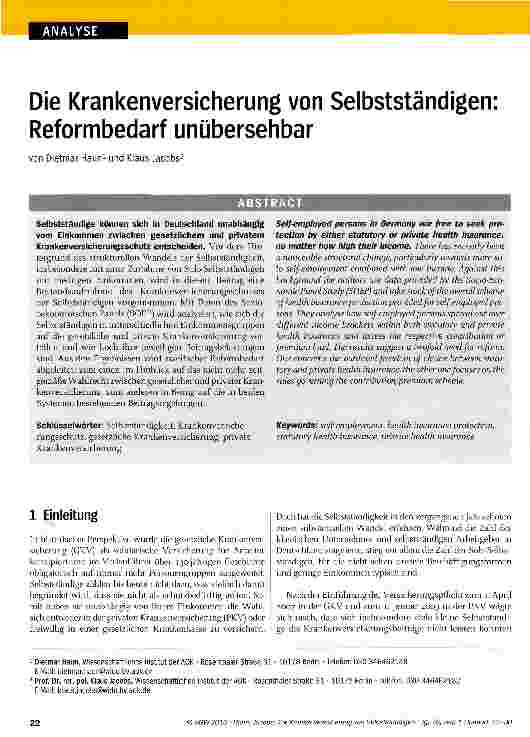 Vorschauseite 1: Die Krankenversicherung von Selbstständigen: Reformbedarf unübersehbar