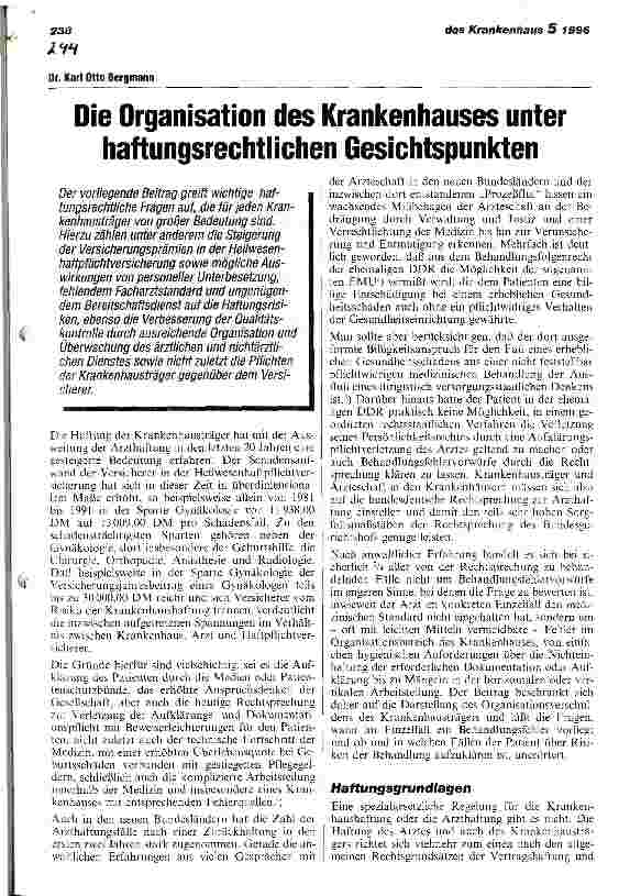Vorschauseite 1: Die Organisation des Krankenhauses unter haftungsrechtlichen Gesichtspunkten