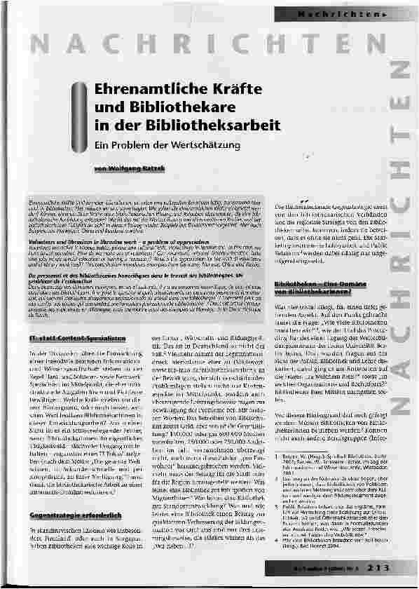 Vorschauseite 1: Ehrenamtliche Kräfte und Bibliothekare in der Bibliotheksarbeit