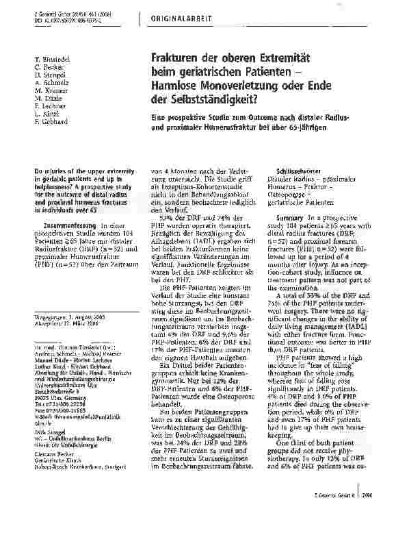 Vorschauseite 1: Frakturen der oberen Extremität beim geriatrischen Patienten -Harmlose Monoverletzung oder Ende der Selbstständigkeit?