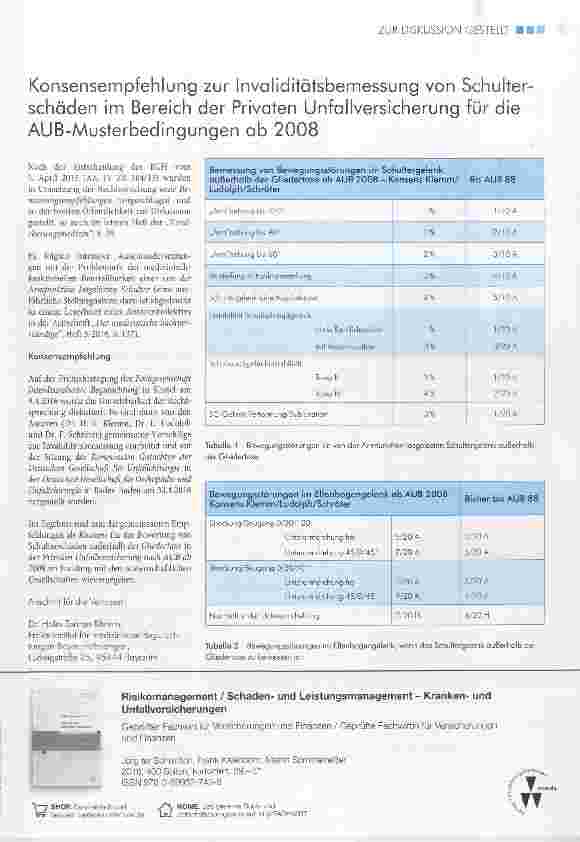 Vorschauseite 1: Konsensempfehlung zur Invaliditätsbemessung von Schulterschäden im Bereich der Privaten Unfallversicherung für die AUB-Musterbedingungen ab 2008